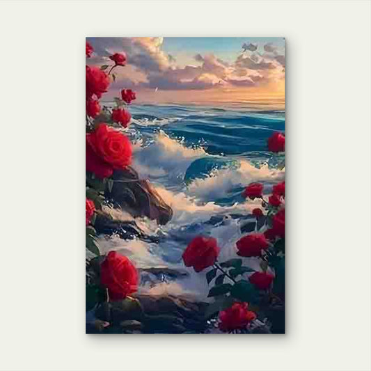 Ocean Waves And Vibrant Red Roses 60x90cm Metal Print Ready to Hang