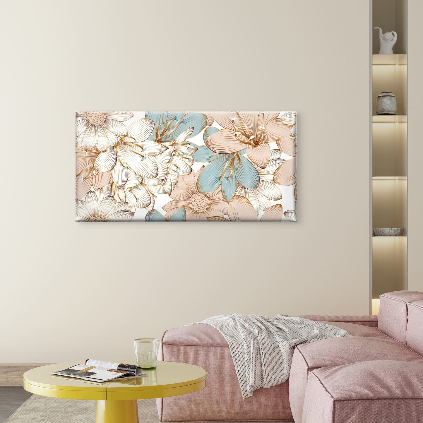 Vintage Gold Line Art Flowers Wall Art Canvas Office Home Framed 120x60cm