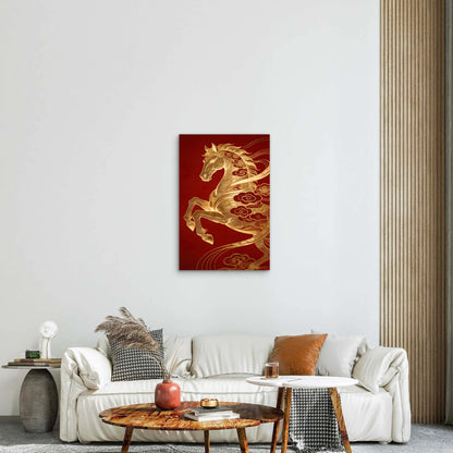 Chinese Zodiac Horse Gold Red Oriental Art 40x60cm Metal Print Ready to Hang