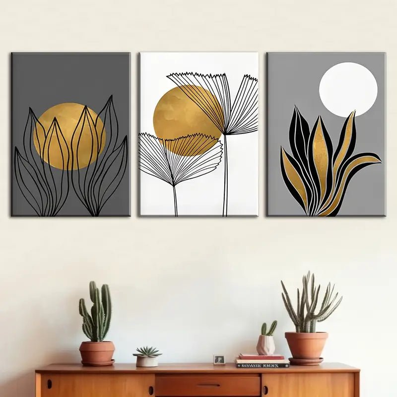 3pcs Black & Golden Geometric Design Metal Print Ready to Hang Art - Bella Home Decor