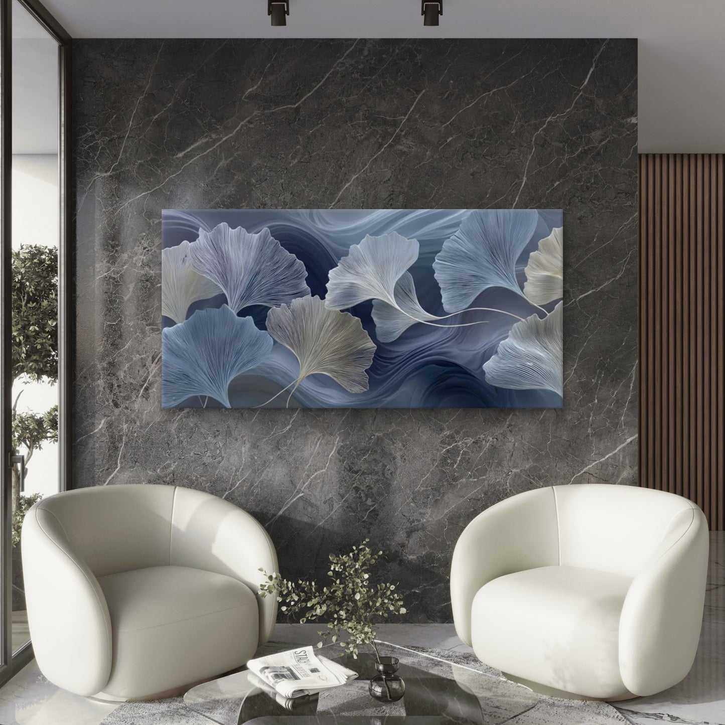Dark Blue & White Ginkgo leaf Wall Art Canvas Office Home Room Framed 120x60cm