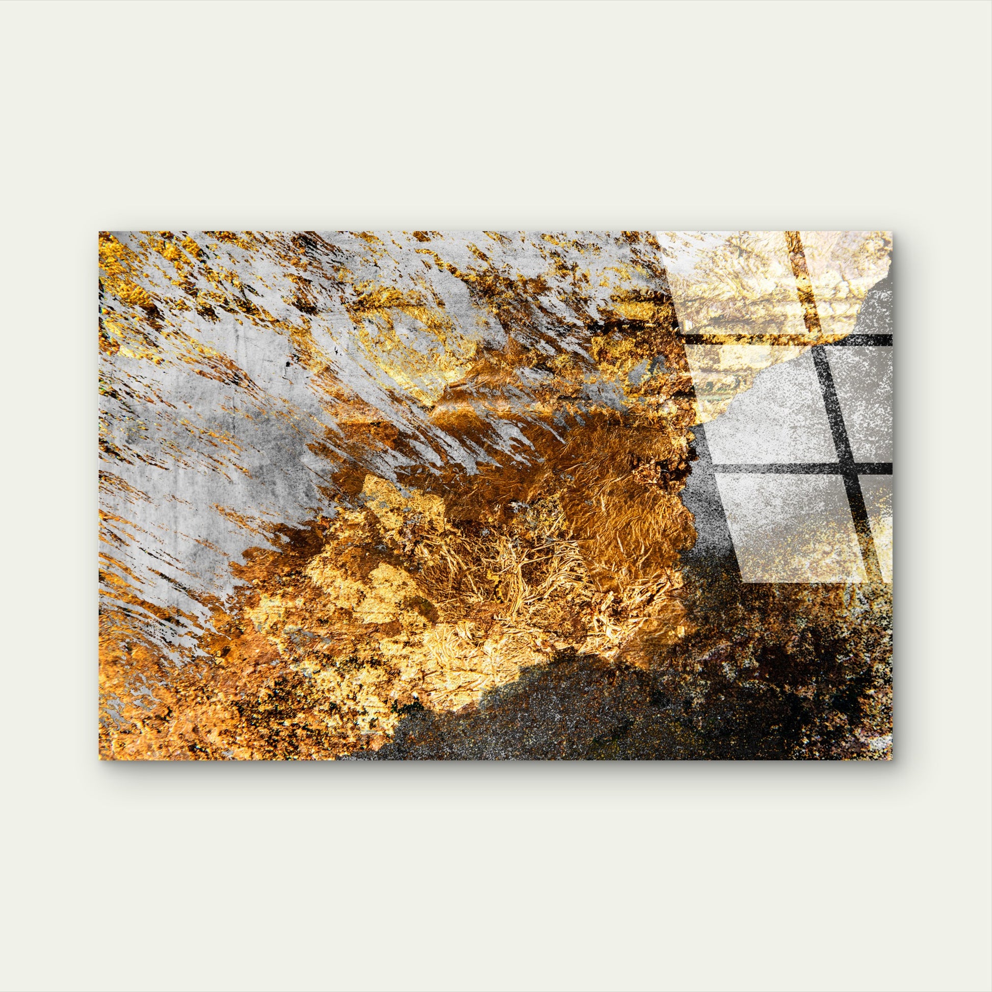 Abstract Gold Foil Metallic Grey Ochre Acrylic Glass Printing Wall Art Australian Made Quality