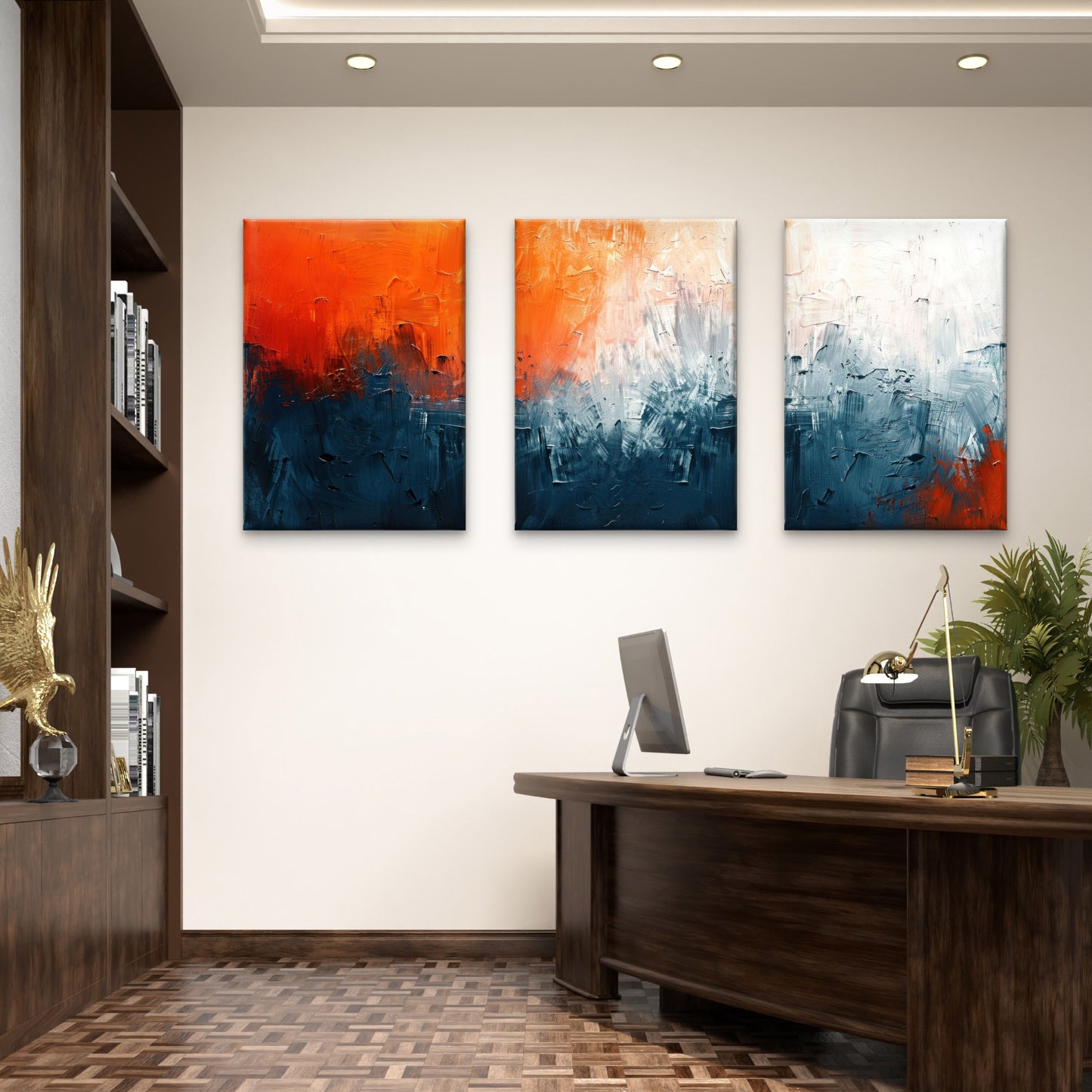 3pcs Abstract Burnt Orange Navy Blue White  Wall Art Set Canvas Framed 40x60cm - High Quality Print 100% Australian Made Wall Canvas Ready to Hang
