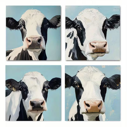 4pcs Cute Cow Face Wall Art Canvas Framed