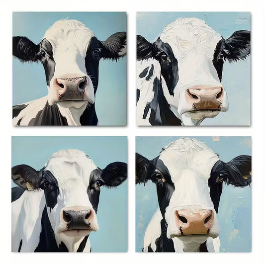 4pcs Cute Cow Face Wall Art Canvas Framed