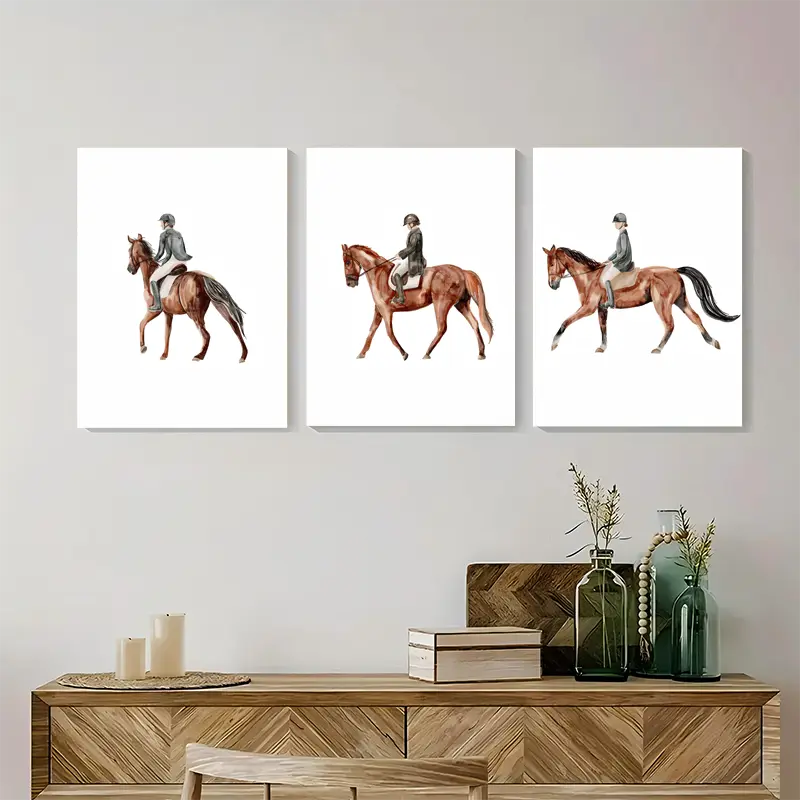 3pcs Galloping Horse & Rider Prints Metal Print Ready to Hang Art - Bella Home Decor