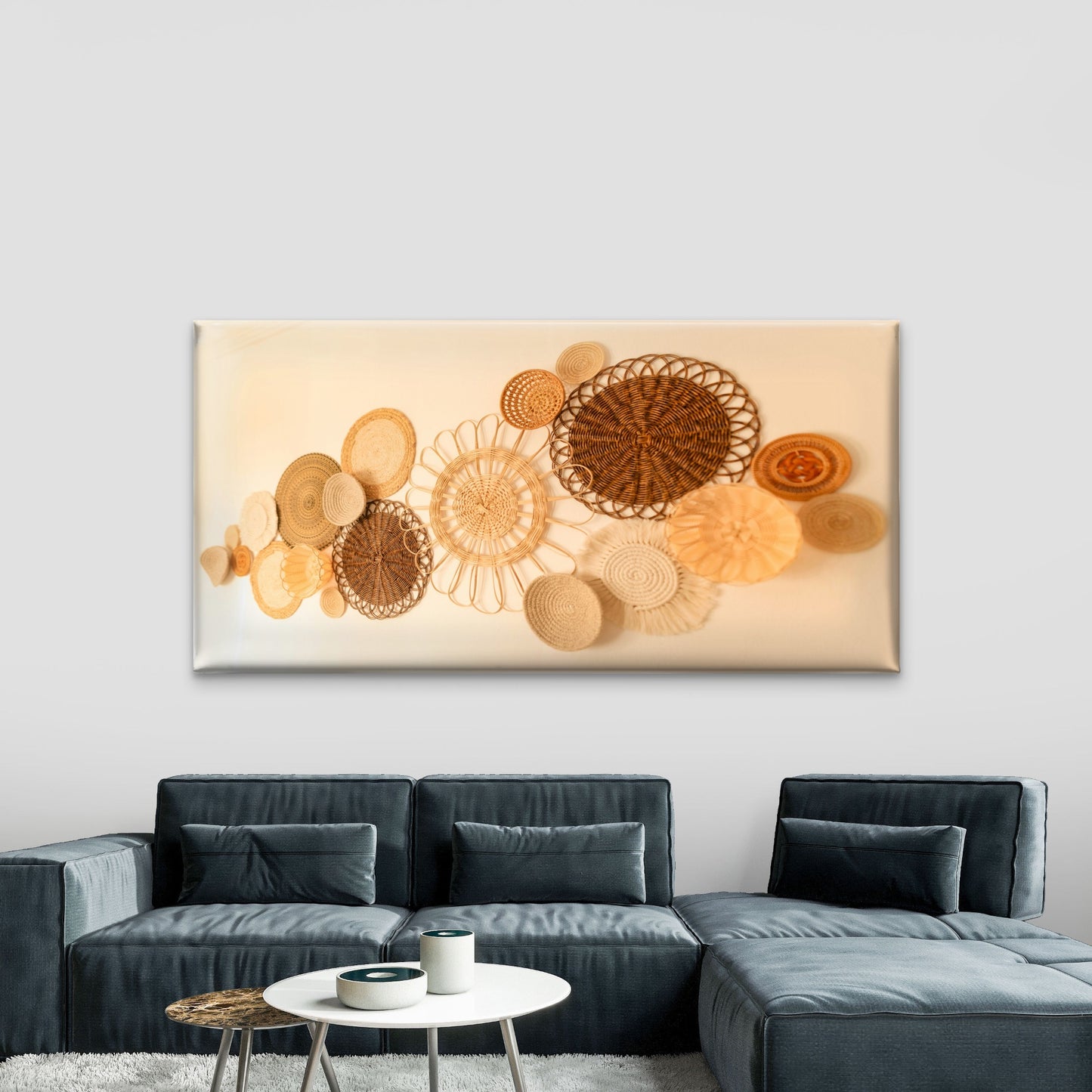 Boho Wicker Basket Display Wall Art Canvas Office Home Room Framed 120x60cm