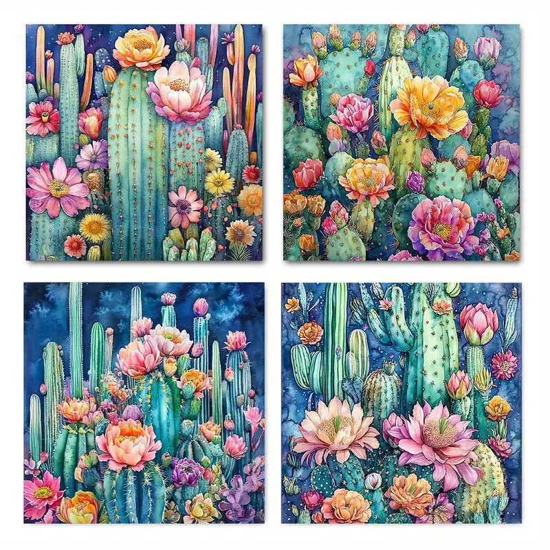 4pcs Blooming Cacti With Vibrant Flowers  Wall Art Canvas Framed