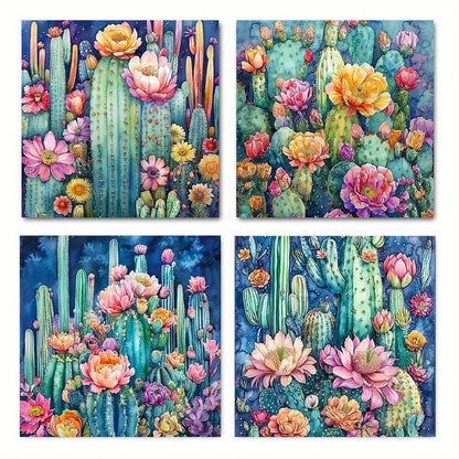 4pcs Blooming Cacti With Vibrant Flowers  Wall Art Canvas Framed