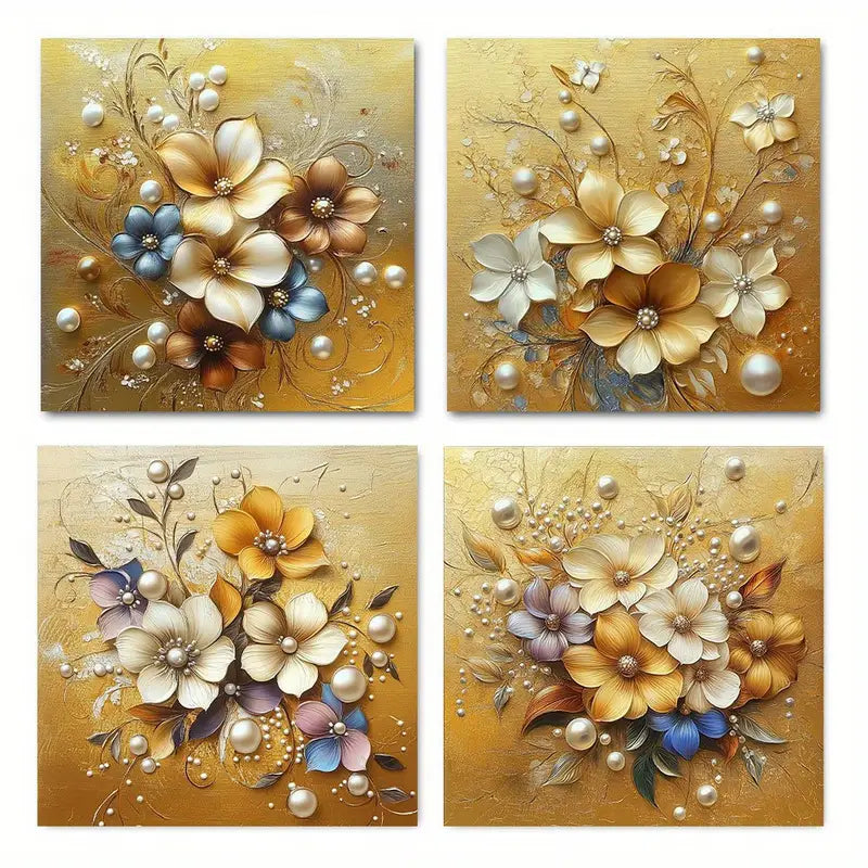 4pcs Golden Flowers Botanical Ar Themed Wall Art Canvas Framed