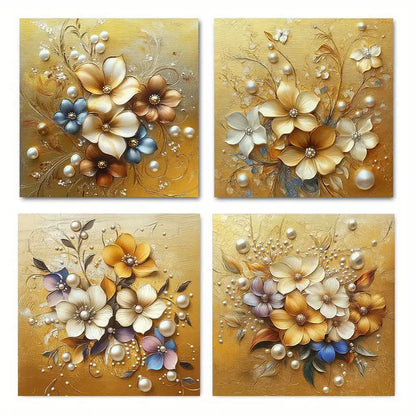 4pcs Golden Flowers Botanical Ar Themed Wall Art Canvas Framed