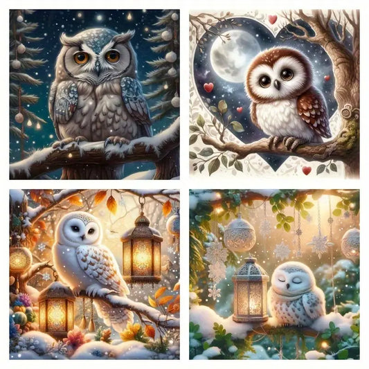 4pcs Owl In Winter Season Wall Art Canvas Framed