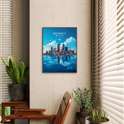 Vibrant Blue Reflection of Detroit Michigan Travel Poster Print Wall Art