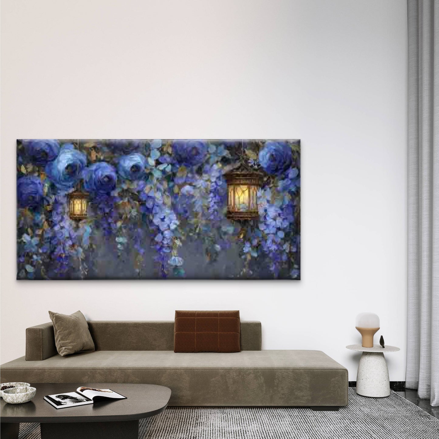 Wisteria & Blue Floral Lantern Wall Art Canvas Office Home Room Framed 120x60cm