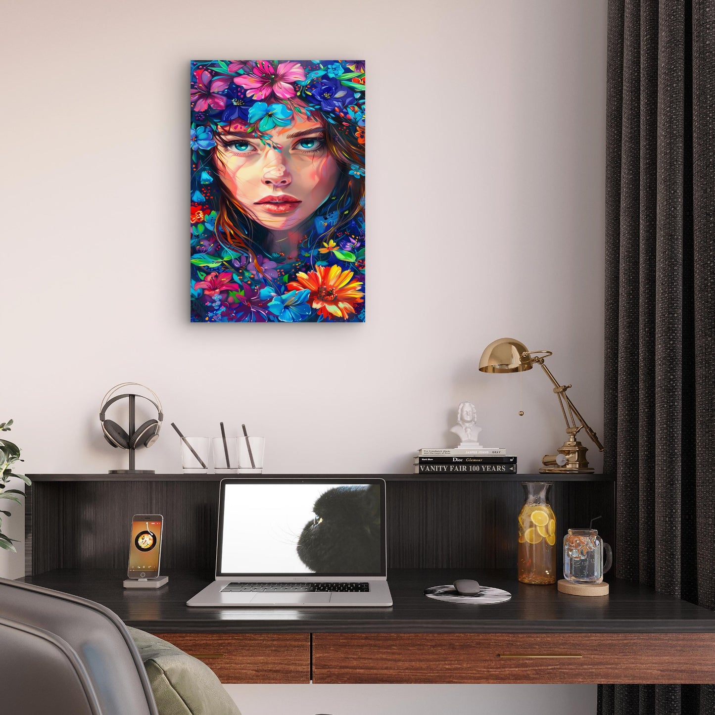 Colorful Floral Woman Face Abstract 40x60cm Metal Print Ready to Hang