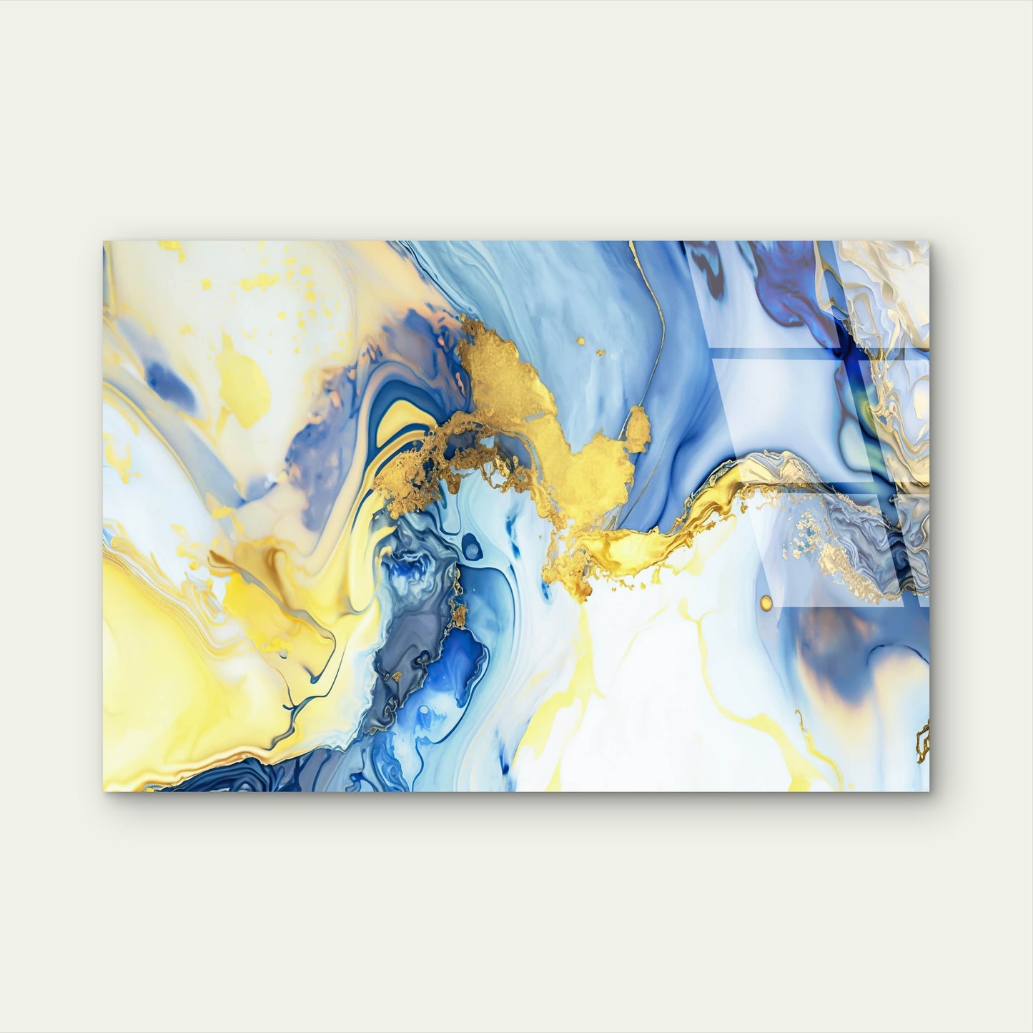 Abstract Navy Blue Yellow Fluid Alcohol  Acrylic Glass Printing Wall Art Australian Made Quality