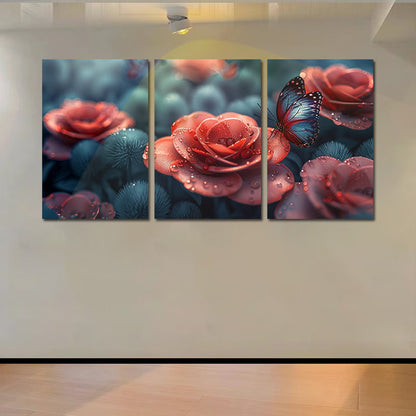 3pcs Pink Rose and Butterfly Wall Art Set Canvas Framed 40x60cm - High Quality Print 100% Australian Made Wall Canvas Ready to Hang
