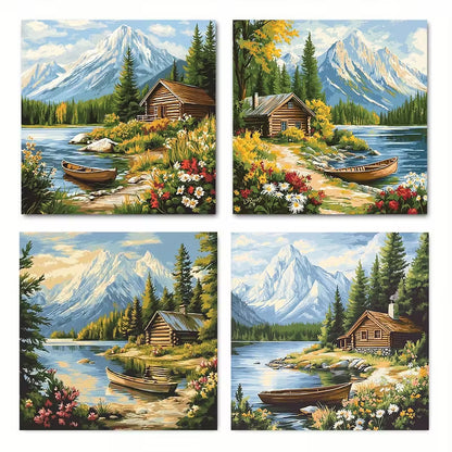 4pcs Featuring A Vintage Forest Cabin Wall Art Canvas Framed