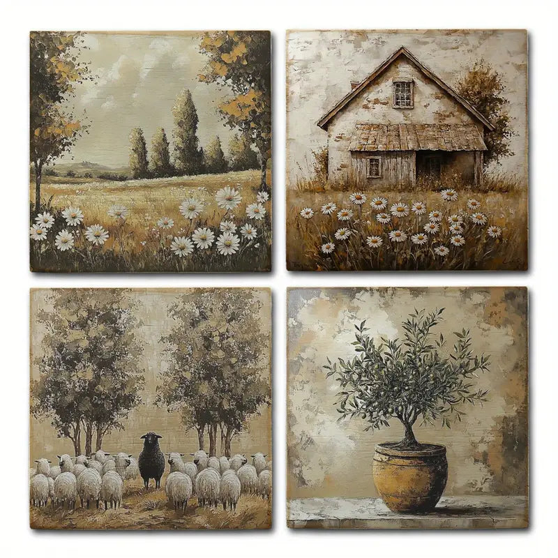 4pcs Olive Tree, Old Barn, Sheep & Sunflowers Wall Art Canvas Framed