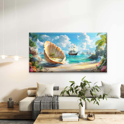 Tropical Shell Island Coastal Wall Art Canvas Office Home Room Framed 120x60cm - Bella Home Decor