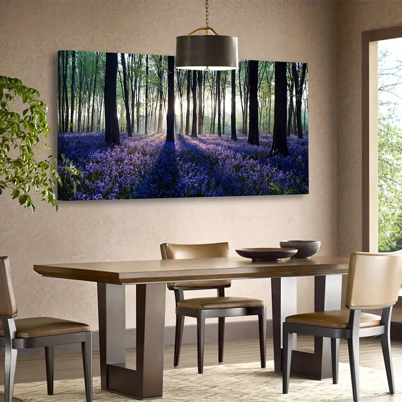 Purple Lavender Forest Vibrant Nature Sunlit Trees & Lush Foliage Wall Art canvas office home room framed 120x60cm - Bella Home Decor