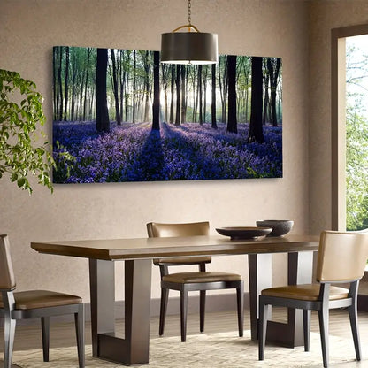 Purple Lavender Forest Vibrant Nature Sunlit Trees & Lush Foliage Wall Art canvas office home room framed 120x60cm - Bella Home Decor