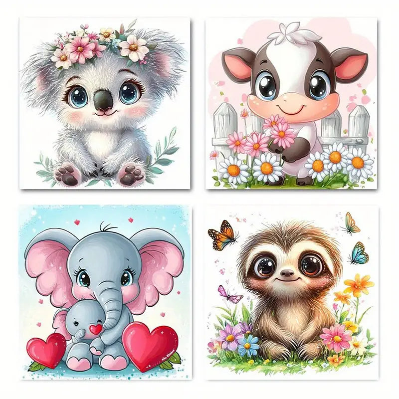 4pcs Sloth, Elephant, Cow & Koala  SE Wall Art Canvas Framed