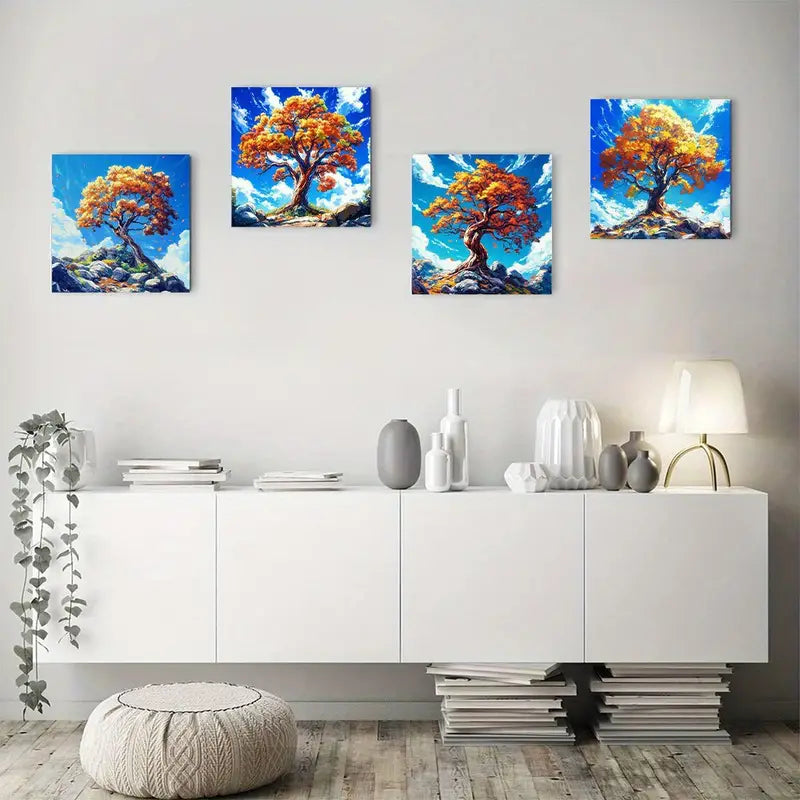 4pcs Vibrant Autumn & Winter Scenes Wall Art Canvas Framed