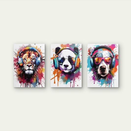 3pcs Graffiti Animals Wearing Headphones Wall Art Set Canvas Framed 40x60cm - High Quality Print 100% Australian Made Wall Canvas Ready to Hang - Bella Home Decor