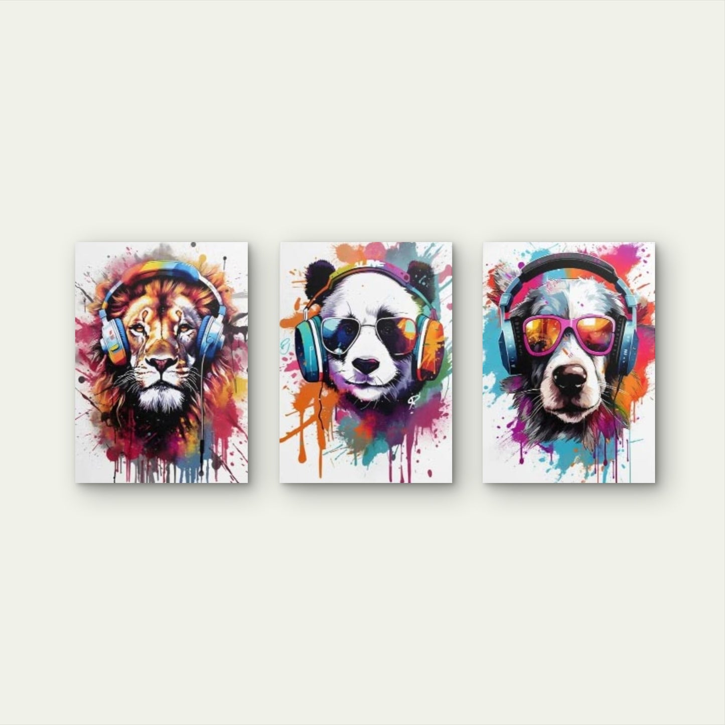 3pcs Graffiti Animals Wearing Headphones Wall Art Set Canvas Framed 50x70cm - High Quality Print 100% Australian Made Wall Canvas Ready to Hang - Bella Home Decor