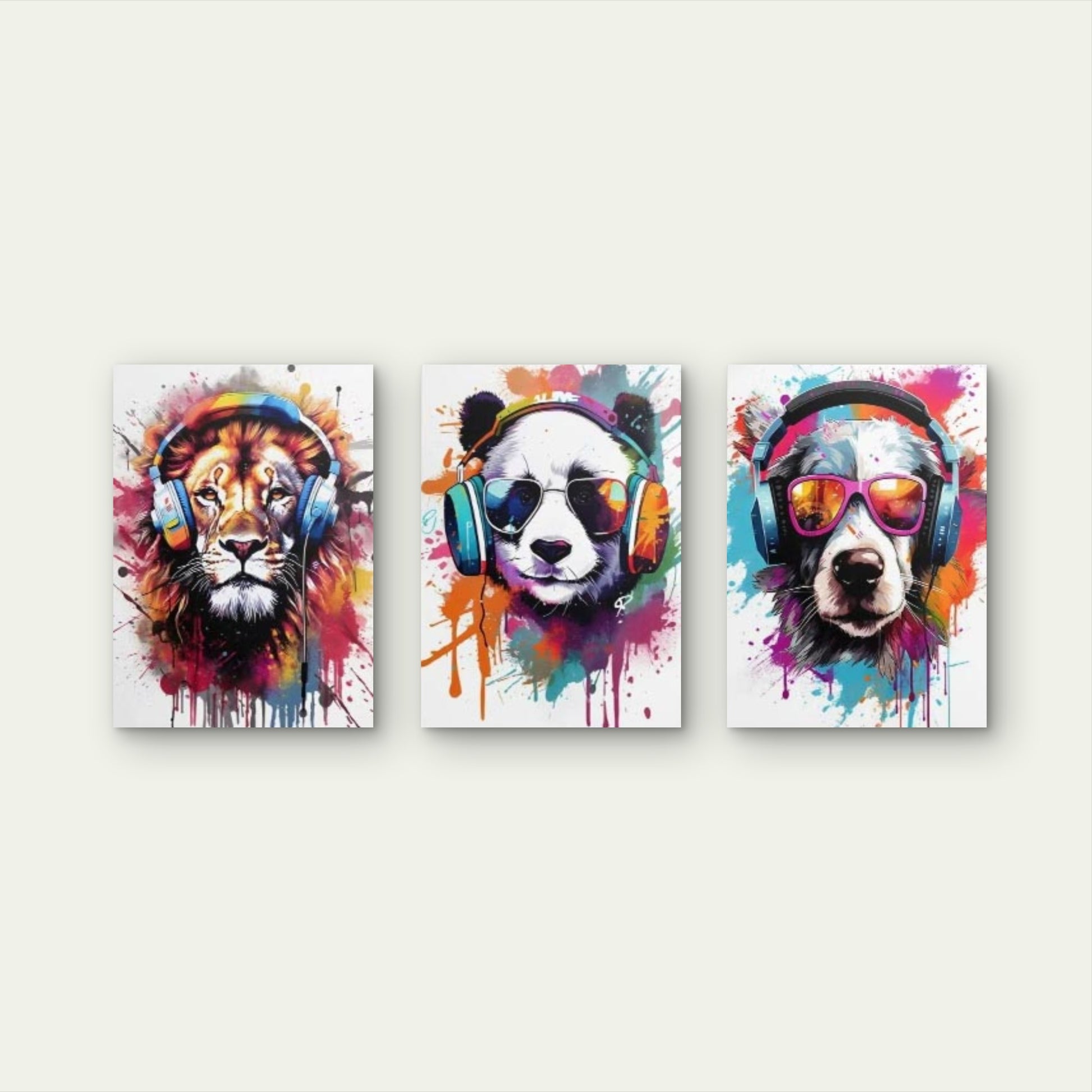 3pcs Graffiti Animals Wearing Headphones Wall Art Set Canvas Framed 50x70cm - High Quality Print 100% Australian Made Wall Canvas Ready to Hang - Bella Home Decor