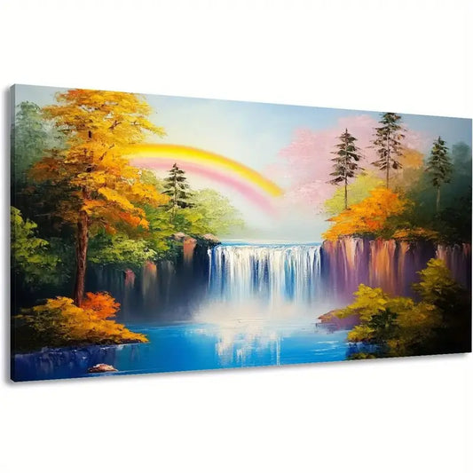 Waterfall Natural Lake Rainbow Autumn Trees Pine Wall Art canvas office home room framed 120x60cm - Bella Home Decor