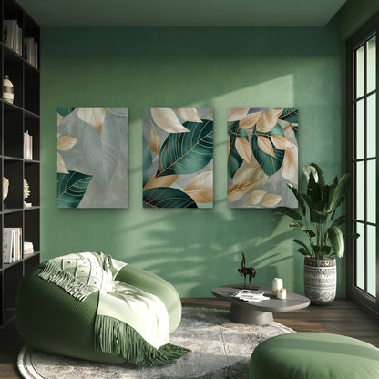 3pcs Abstract Emerald Green and Gold Leaves Wall Art Set Canvas Framed 60x90cm - High Quality Print 100% Australian Made Wall Canvas Ready to Hang