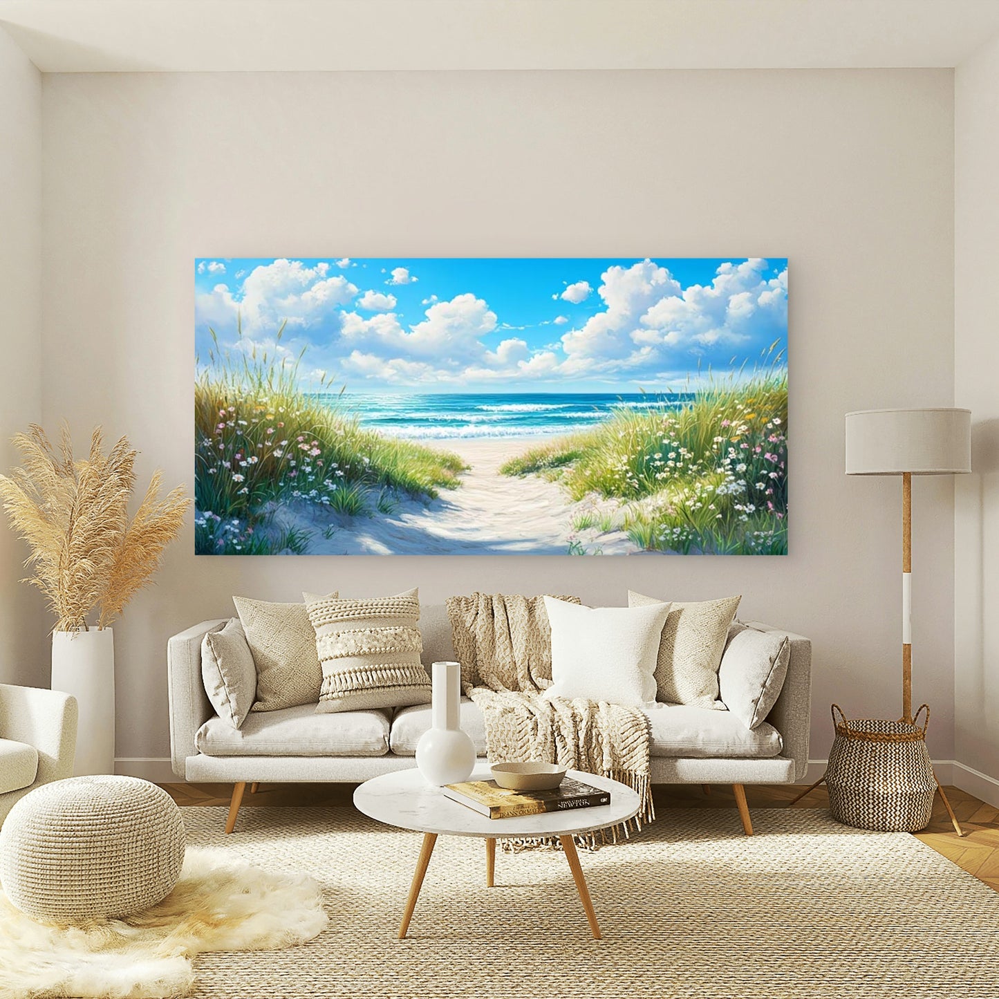 Beach Pathway with Wildflowers Wall Art Canvas Office Home Room Framed 120x60cm - Bella Home Decor