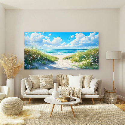 Beach Pathway with Wildflowers Wall Art Canvas Office Home Room Framed 120x60cm - Bella Home Decor
