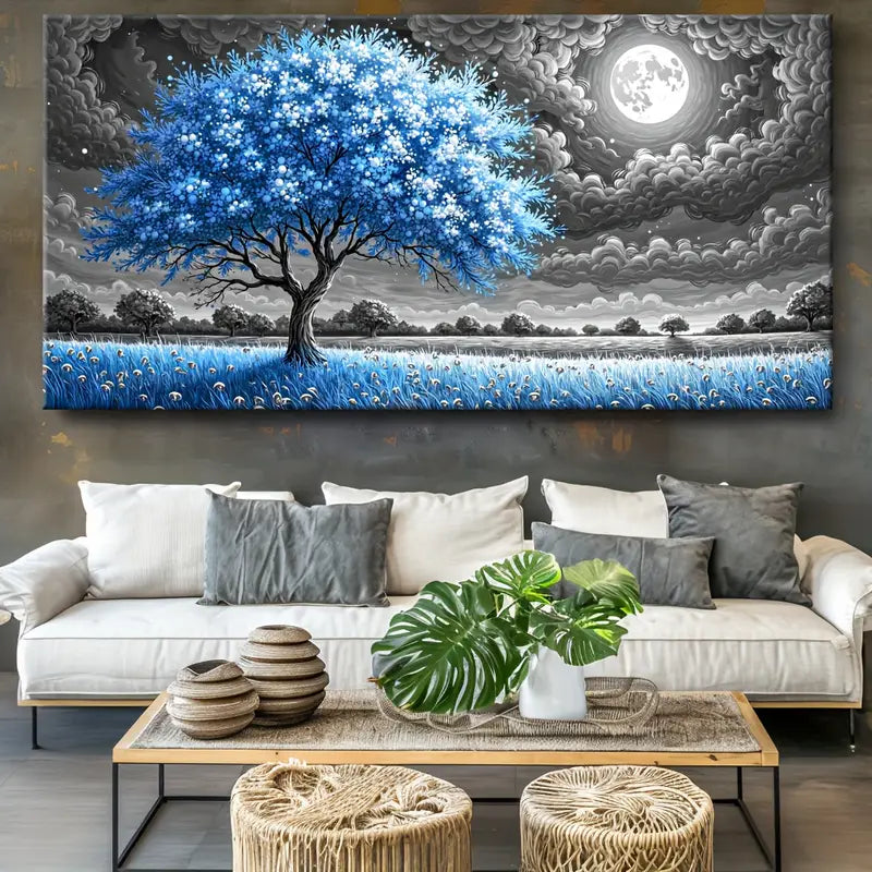 Blue Tree Under Moonlit Sky wall canvas office home room framed 120x60cm - Bella Home Decor