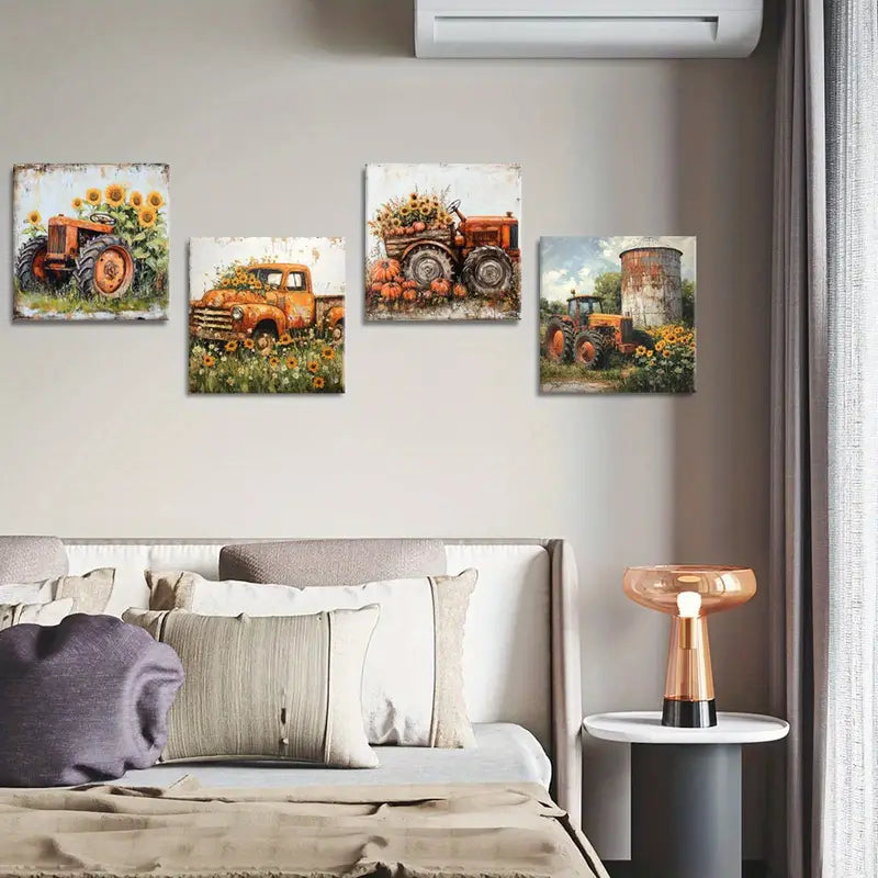 4pcs Sunflowers and vehicles  Wall Art Canvas Framed