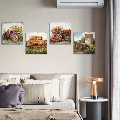 4pcs Sunflowers and vehicles  Wall Art Canvas Framed