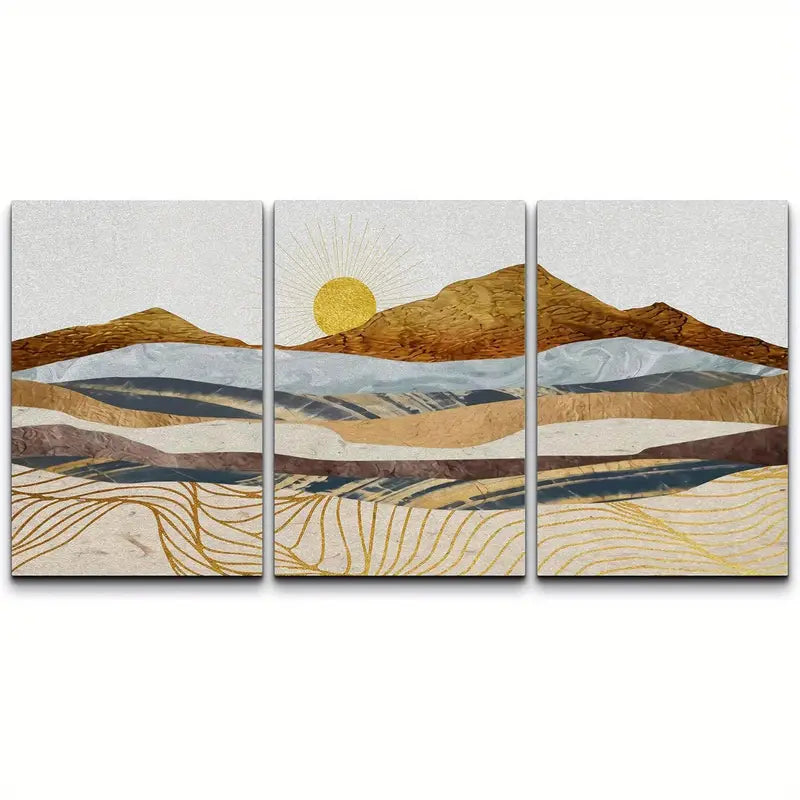 3pcs Golden Wave Geometric Mountain Range Metal Print Ready to Hang Art - Bella Home Decor