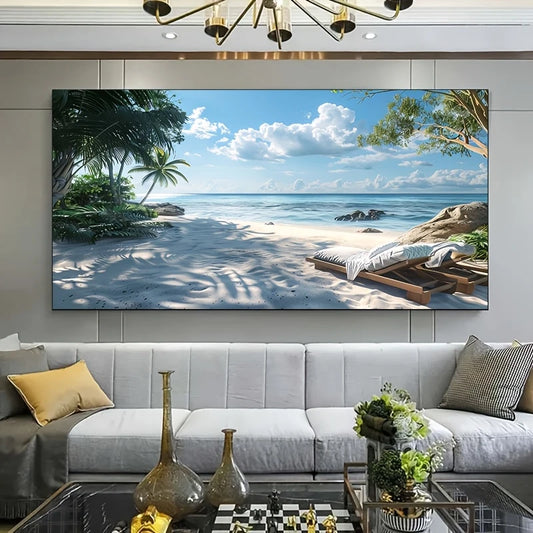 Tropical Beach in Hammock wall canvas office home room framed 120x60cm