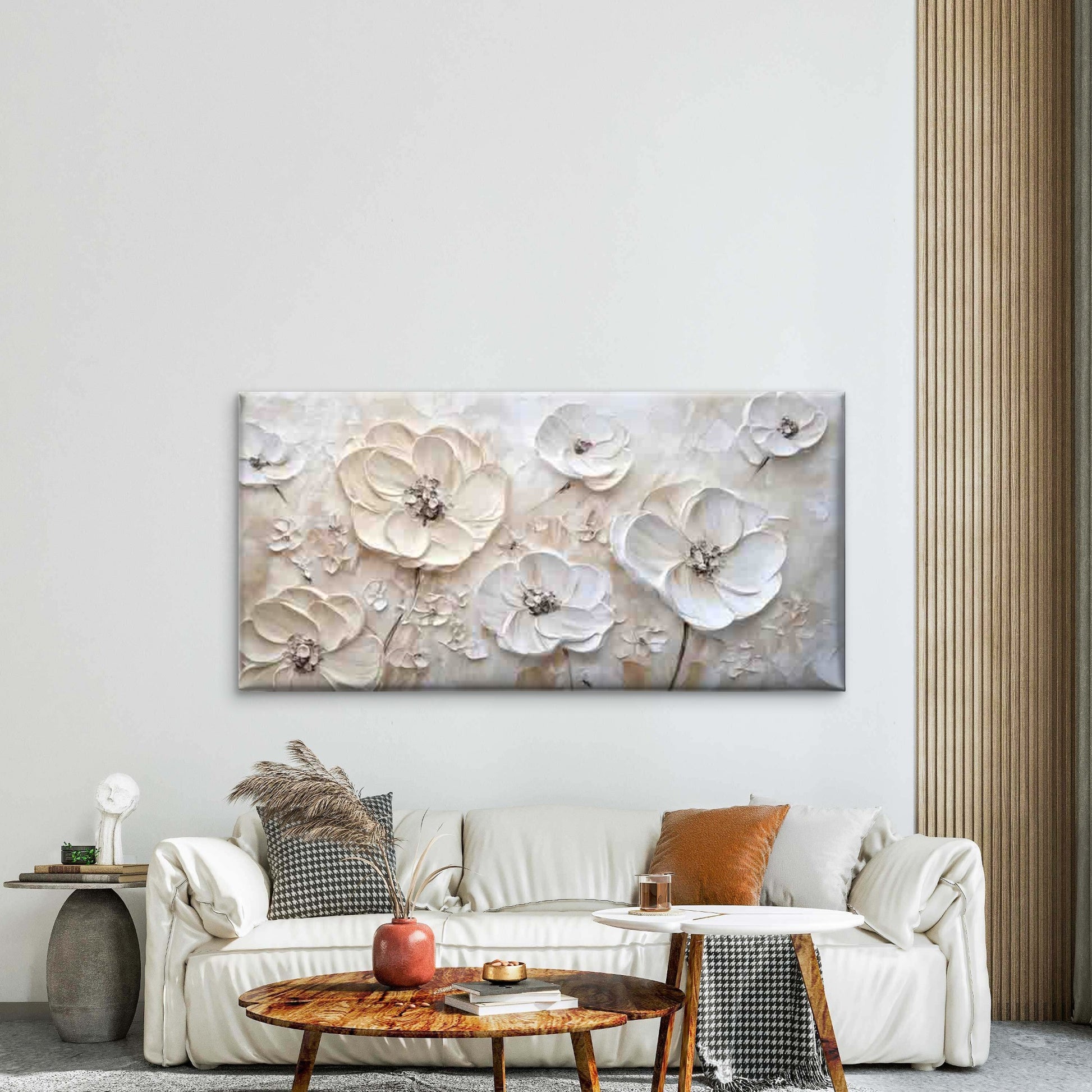 Beige White Floral Wall Art Canvas Office Home Room Framed 120x60cm - Bella Home Decor