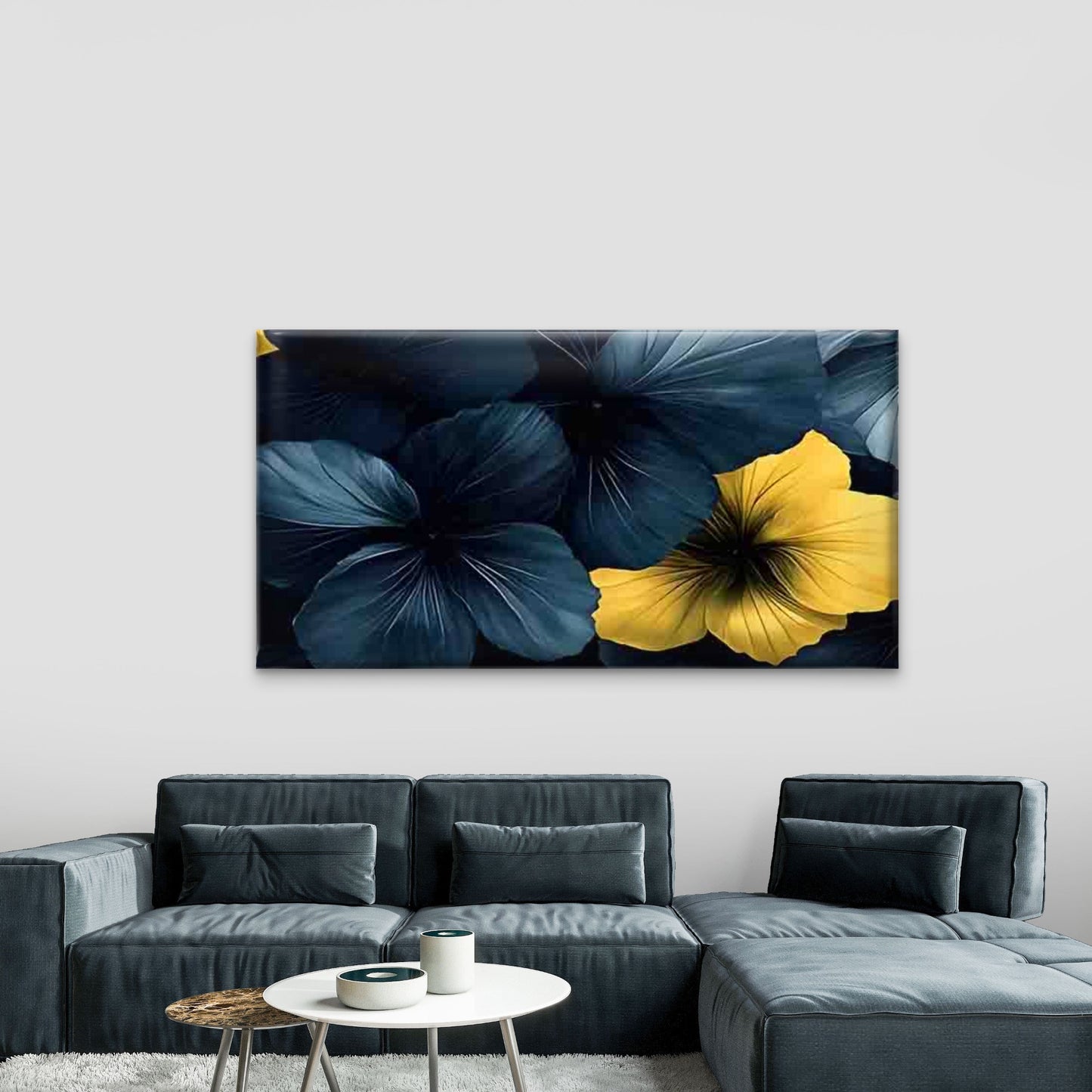 Blue and Yellow Floral Wall Art Canvas Office Home Room Framed 120x60cm - Bella Home Decor