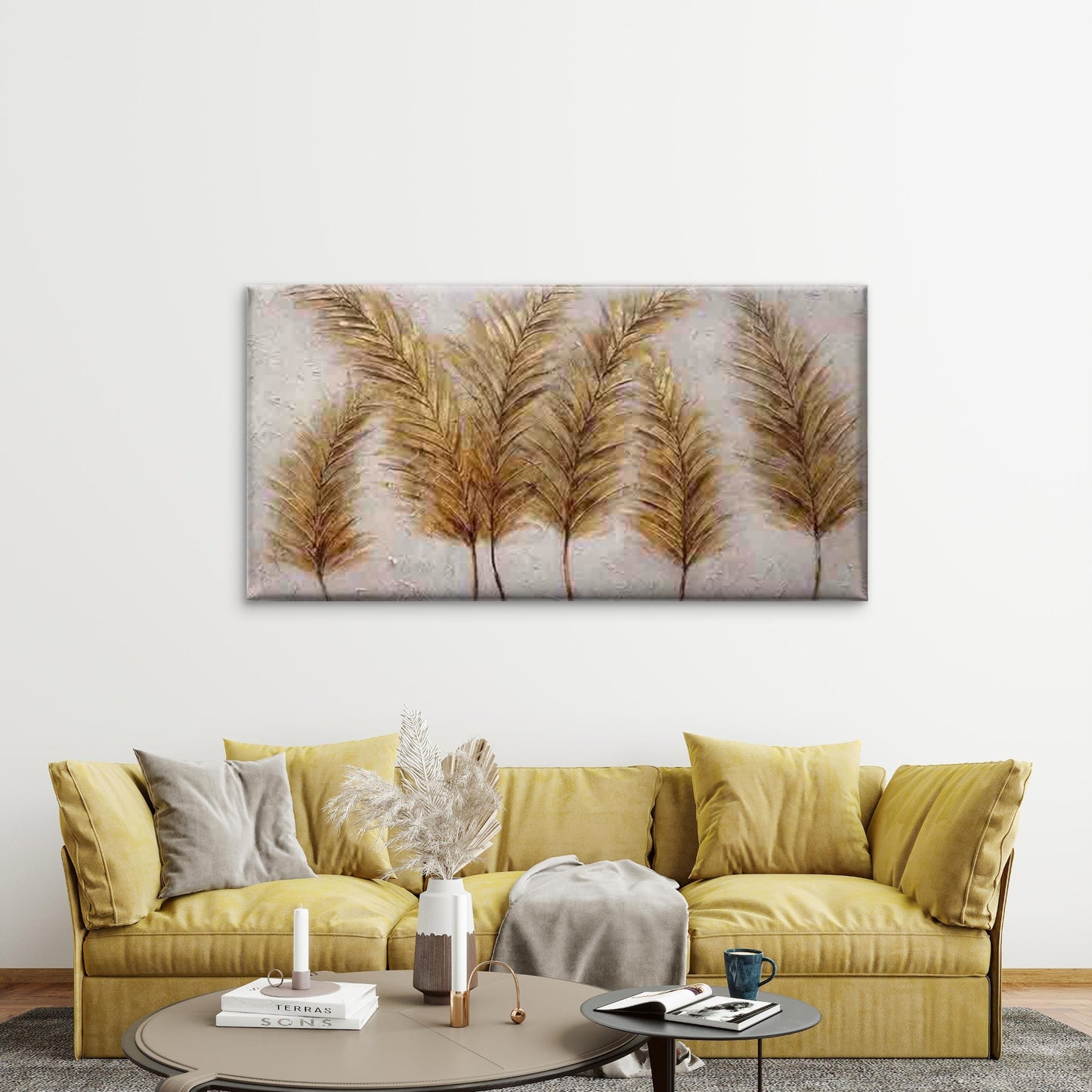 Featuring Golden Palm Fronds Wall Art Canvas Office Home Room Framed 120x60cm - Bella Home Decor