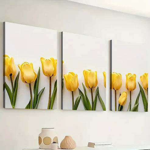 3pcs Minimalist Modern Floral Art Yellow Flowers Wall Art Set Canvas Unframed - High Quality Print 100% Australian Made Wall Canvas
