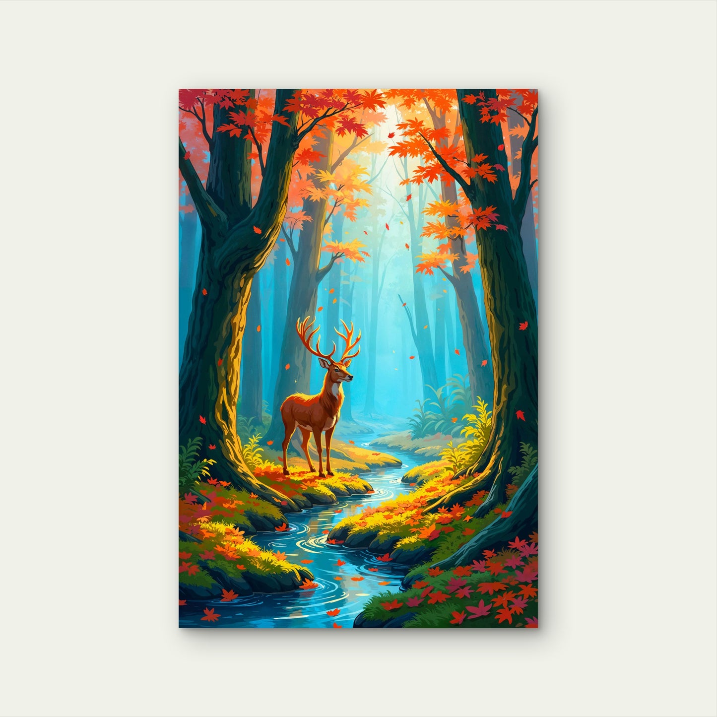 Enchanted Wood Red Maple Leaf Stag Buck 40x60cm Metal Print Ready to Hang