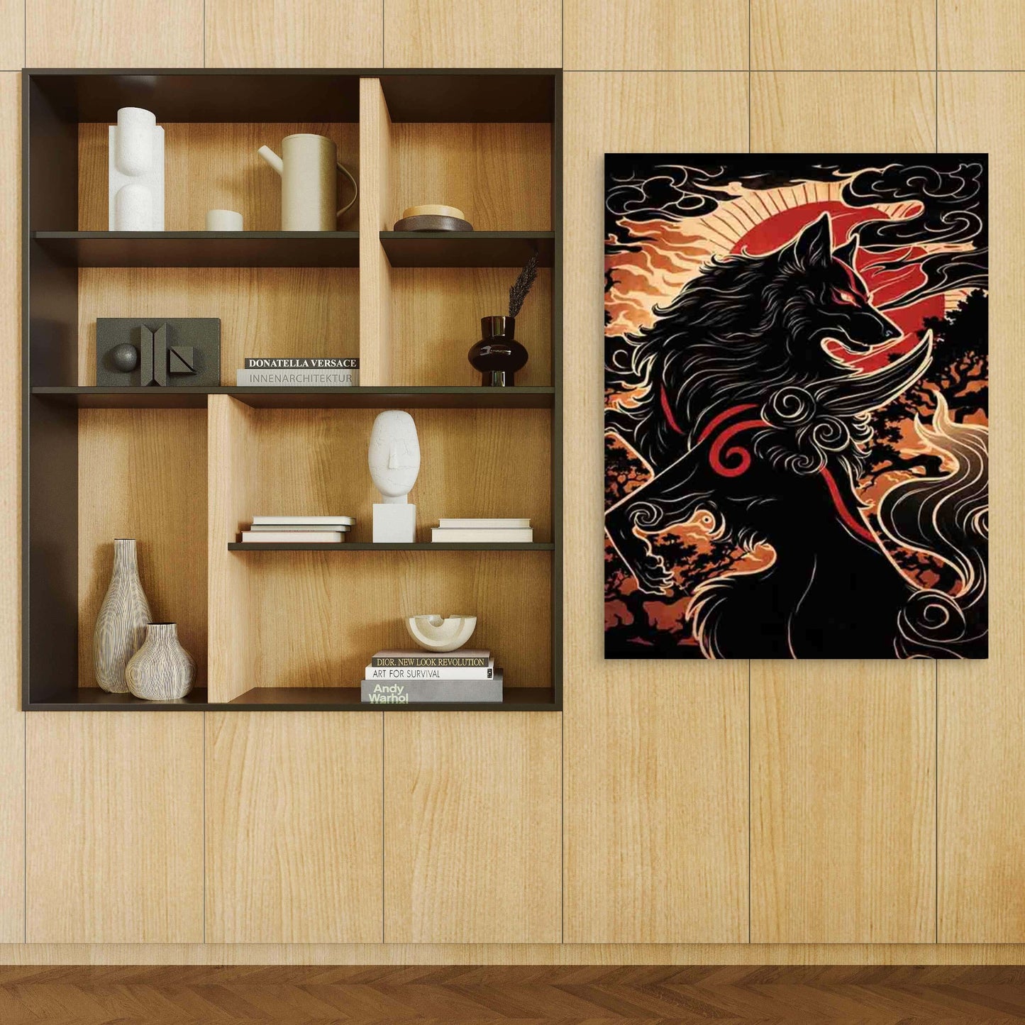 Mythical Vibrant Red & Wolf Design 40x60cm Metal Print Ready to Hang - Bella Home Decor