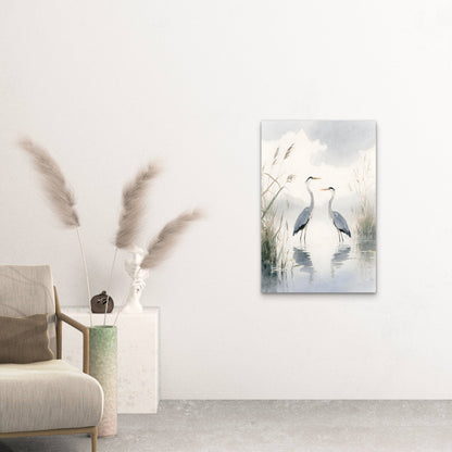 Painting Featuring Two Herons In Shallow Water 60x90cm Metal Print Ready to Hang
