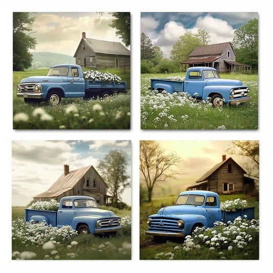 4pcs Blue Truck Themed Elegant Wall Art Canvas Framed