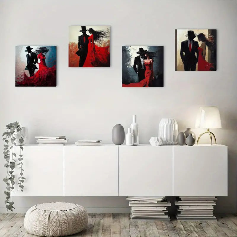4pcs  Black And Red Couple Theme Wall Art Canvas Framed