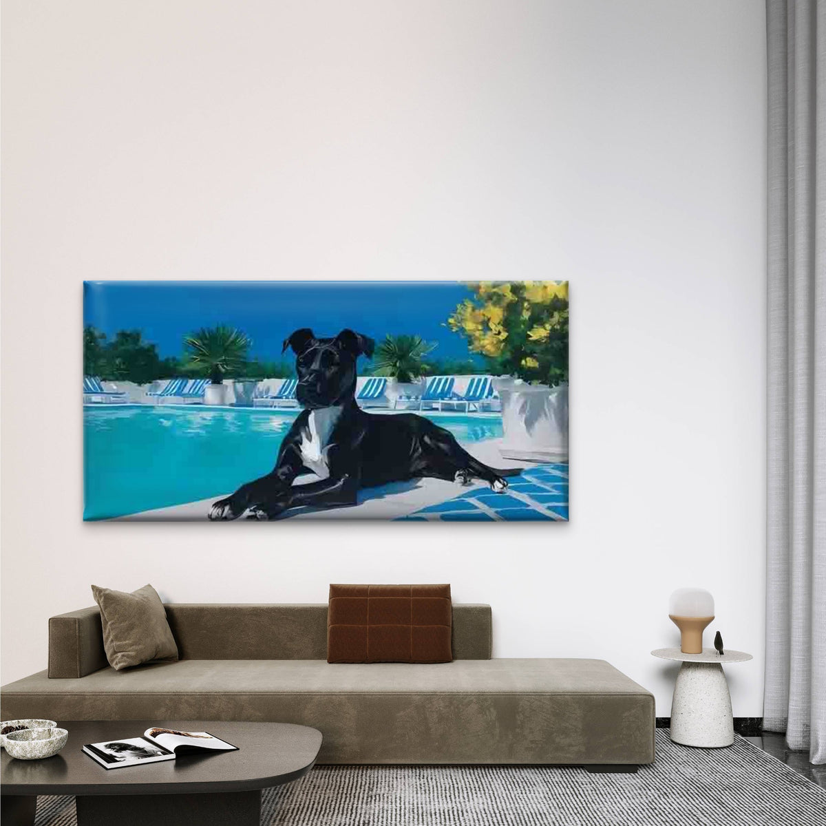 Black Dog by Swimming Pool Wall Art Canvas Office Home Room Framed 120x60cm